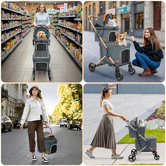 Double Dog Stroller for Small & Medium Pets - 4 Wheel Jogger with Detachable Cat Carriage, Dog Strollers Spacious Storage Basket and One-Button Foldable Design
