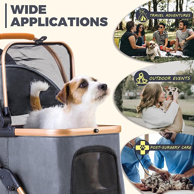 Pet Stroller for Small Dogs, Lightweight Small Dog Stroller for Dogs Cats with 6 Shock Absorption System, Detachable Carrier Suitable for Car Seat & Hand Carry, Safe Outings, Gray