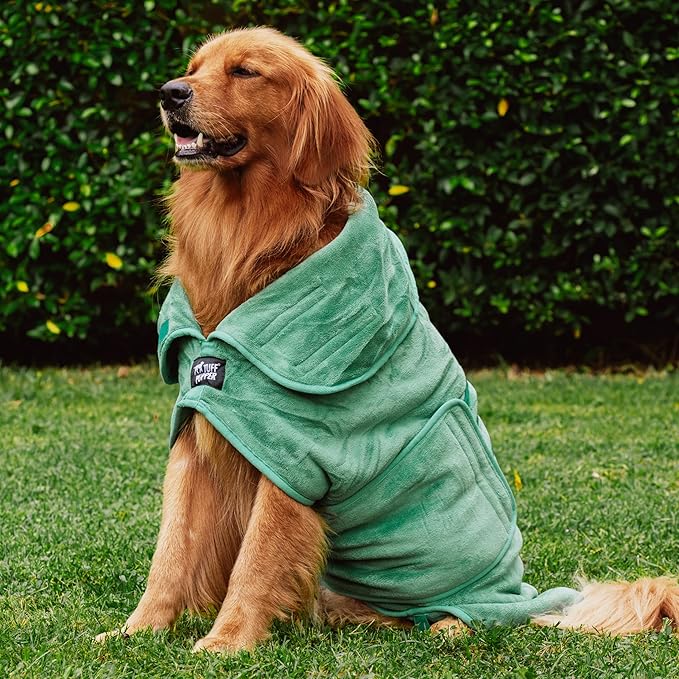 Tuff Pupper Fast Drying Dog Bath Robe | 800 GSM Plush Dog Towel Bathrobe/Dressing Gown | Super Absorbent Pet/Puppy Bathrobe | Adjustable Hood & Belly Strap | Super Soft | Fast Drying (XXL, Green)