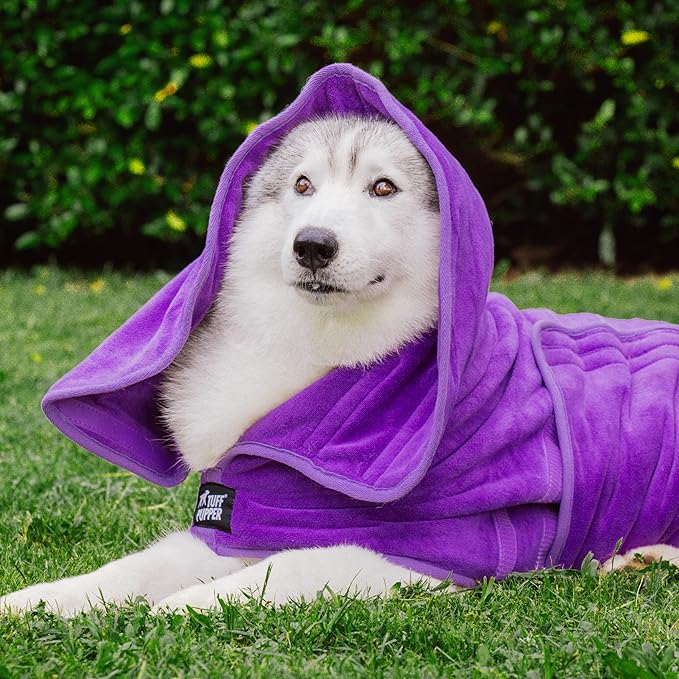 Tuff Pupper Fast Drying Dog Bath Robe | 800 GSM Plush Dog Towel Bathrobe/Dressing Gown | Super Absorbent Pet/Puppy Bathrobe | Adjustable Hood & Belly Strap | Super Soft | Fast Drying (L, Purple)