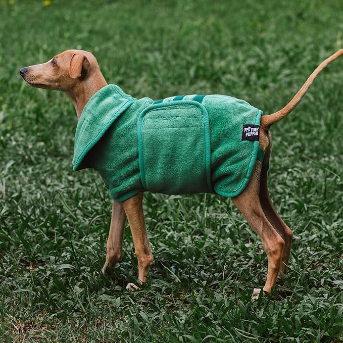 Tuff Pupper Fast Drying Dog Bath Robe | 800 GSM Plush Dog Towel Bathrobe/Dressing Gown | Super Absorbent Pet/Puppy Bathrobe | Adjustable Hood & Belly Strap | Super Soft | Fast Drying (XS, Green)