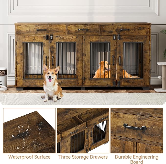 71'' Dog Crate Furniture, XXL Indoor Dog Kennel TV Stand End Table with Double Doors, 3 Drawers and Removable Room Divider, Wooden Double Dog Crate for 2 Dogs for Large Medium Dogs, Rustic Brown