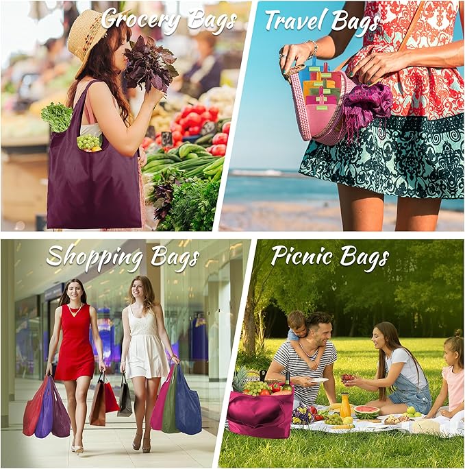 BeeGreen Colorful Reusable Grocery Bags 6 Pack, Heavy Duty Totes for Women, Foldable Grocery Bag Large Shopping Totes with Handles for Work, Travel, Gift, Store, Polyester Washable Reusable Tote Bag