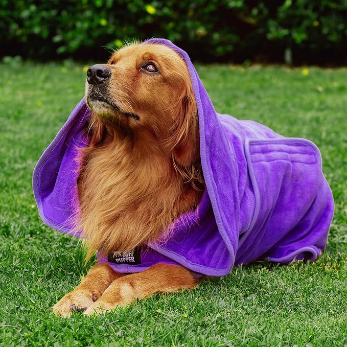 Tuff Pupper Fast Drying Dog Bath Robe | 800 GSM Plush Dog Towel Bathrobe/Dressing Gown | Super Absorbent Pet/Puppy Bathrobe | Adjustable Hood & Belly Strap | Super Soft | Fast Drying (XXL, Purple)