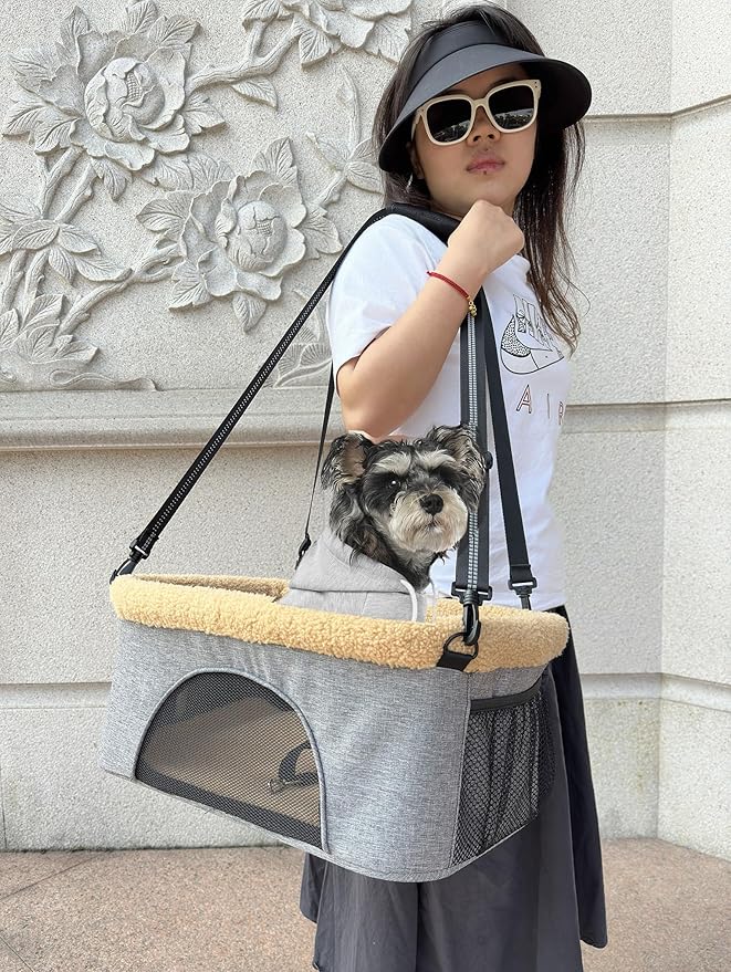 ROODO Deluxe Dog Booster Seat with Height-Adjustable Foldable Metal Frame and Safety Leash,Portable Pet Car Seat for Under 20lb Puppy Cats with Plush Thick Cushion Mesh Window Pockets(Cation Gray