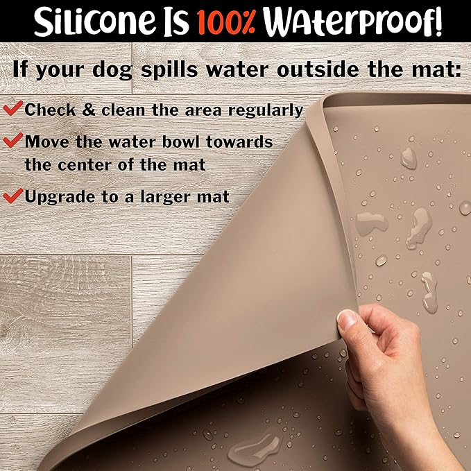 DogBuddy Dog Food Mat – Waterproof Dog Bowl Mat for Food and Water, Silicone Pet Feeding Mats for Floors, Non-Slip Placemat with High Edges for Dogs Bowls, Puppy Essentials (Large: 24"x16", Taupe)