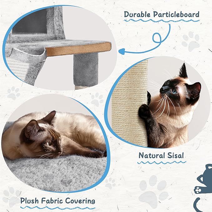 Yaheetech Cat Tree Tower, 40-Inch Condo with Hammock, Oversized Soft Platform, Scratching Board, Basket, Pet Beds & Furniture for Large Kittens, Light Gray