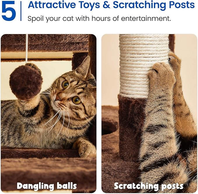 MWPO Extra Large Cat Tree - 70.1-Inch Tall Cat Tower with 3 Cat Condos, Multi-Level Cat Stand for Large Cats Featuring Scratching Posts, Padded Perches, Hammock, Dangling Toys, Brown