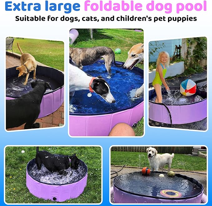 2025 Updated Foldable Dog Pool, 97" x 12" Kiddie Pool with Hard Plastic, Non-Slip Dog Bath Tub for Outdoor Backyard, Collapsible Dog Swimming Pool for Kids Dogs Pets (Pink)