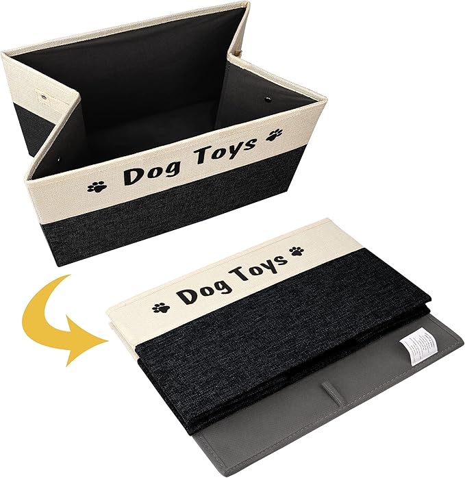 PET ARTIST Dog Toy Basket, Foldable Dog Toy Bin Box for Living Roon Area, Collapsible Storage Basket with Comfortable Handles for Pet Coat, Accessories, Black, 15"x11"x9"