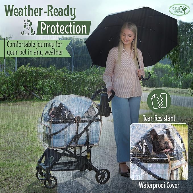 Green Mango Collapsible Pet Stroller with Suspension for Small/Medium Cats/Dogs. 3 in 1 Folding Stroller with Phone/Bottle Holder and Rain Cover, Car Seat and Storage Basket