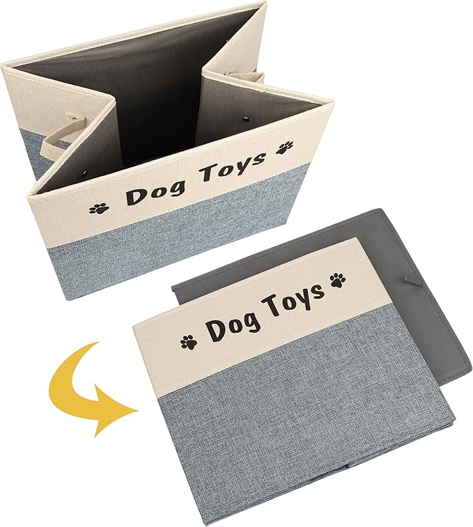 PET ARTIST Large Dog Toy Basket, Foldable Dog Toy Bin Box for Living Roon Area, Collapsible Storage Baskets with Comfortable Handles for Pet Coat,Accessories, Gray, 15"x13"x12"