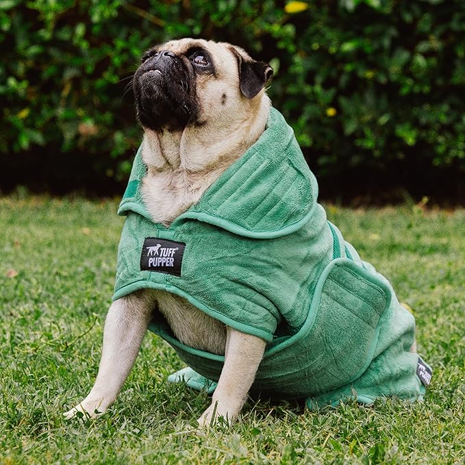 Tuff Pupper Fast Drying Dog Bath Robe | 800 GSM Plush Dog Towel Bathrobe/Dressing Gown | Super Absorbent Pet/Puppy Bathrobe | Adjustable Hood & Belly Strap | Super Soft | Fast Drying (S, Green)