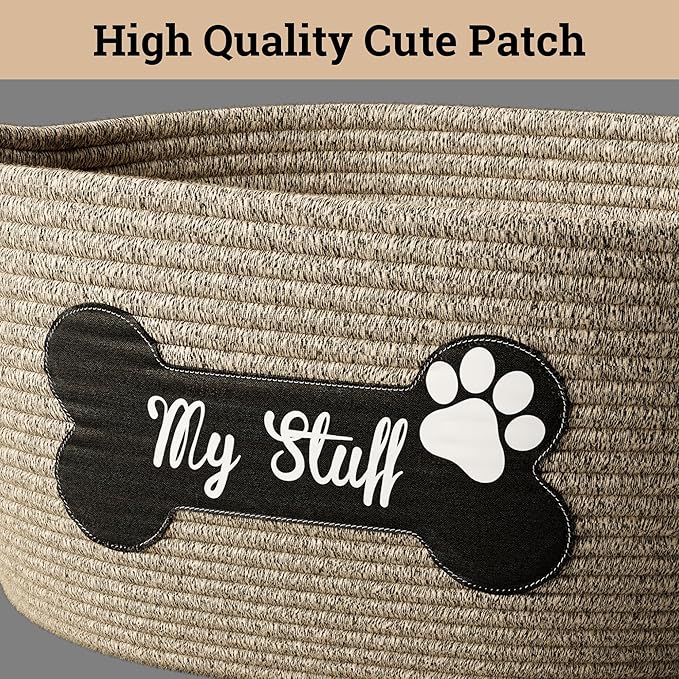 Dog Toy Basket - 100% Cotton Rope Woven Dog Toy Box for Living Room Area - Chew Proof Toybox Suitable for All Pets - Puppies to Large - Sturdy Reinforced Handles - Cute Aesthetic Design with Paw Print