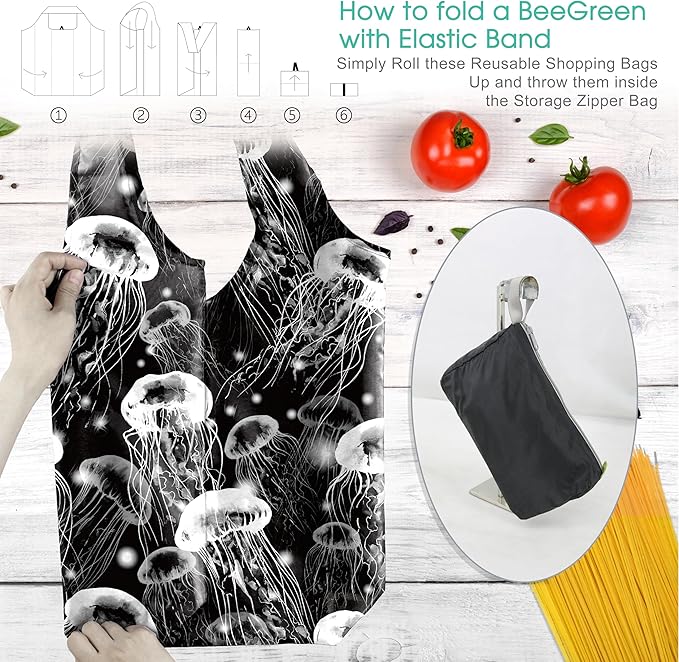 BeeGreen Raccoon Reusable Grocery Bags Frog Elephant Penguin Jellyfish Shopping Bags Bulk 50LBS X-Large Heavy Duty 6 Pieces