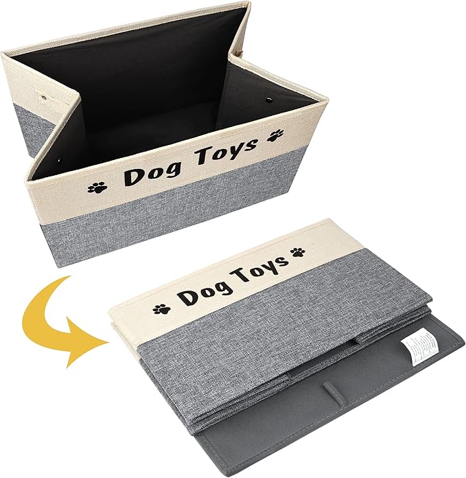 PET ARTIST Dog Toy Basket, Foldable Dog Toy Bin Box for Living Roon Area, Collapsible Storage Basket with Comfortable Handles for Pet Coat, Accessories, Gray, 15"x11"x9"