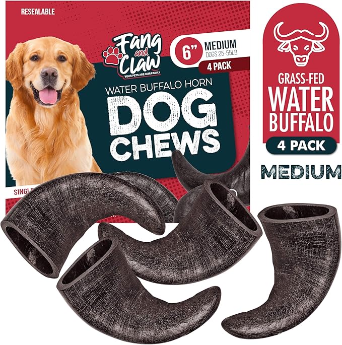 Water Buffalo Horn Dog Chew 4 Pack (Medium 6 Inch), Long-Lasting Natural Chews for Aggressive Chewers, Single-Ingredient, No Rawhide