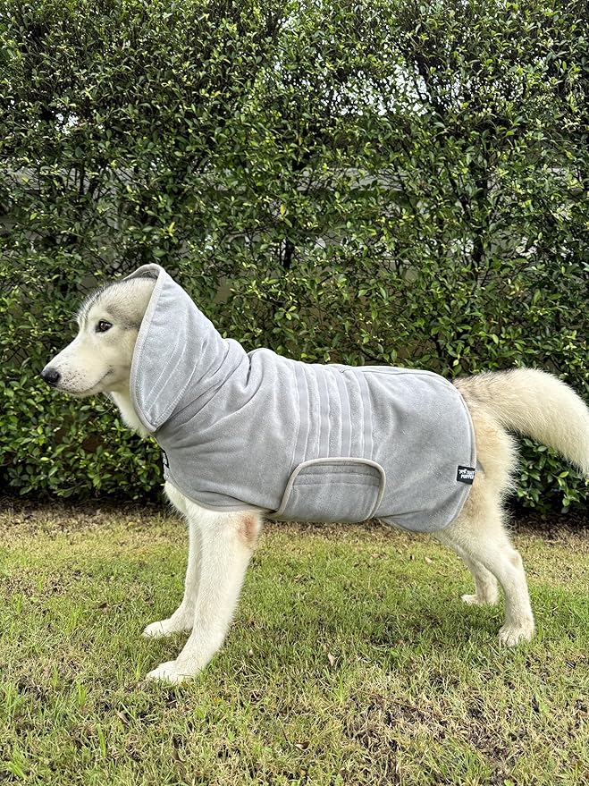 Tuff Pupper Fast Drying Dog Bath Robe | 800 GSM Plush Dog Towel Bathrobe/Dressing Gown | Super Absorbent Pet/Puppy Bathrobe | Adjustable Hood & Belly Strap | Super Soft | Fast Drying (L, Gray)