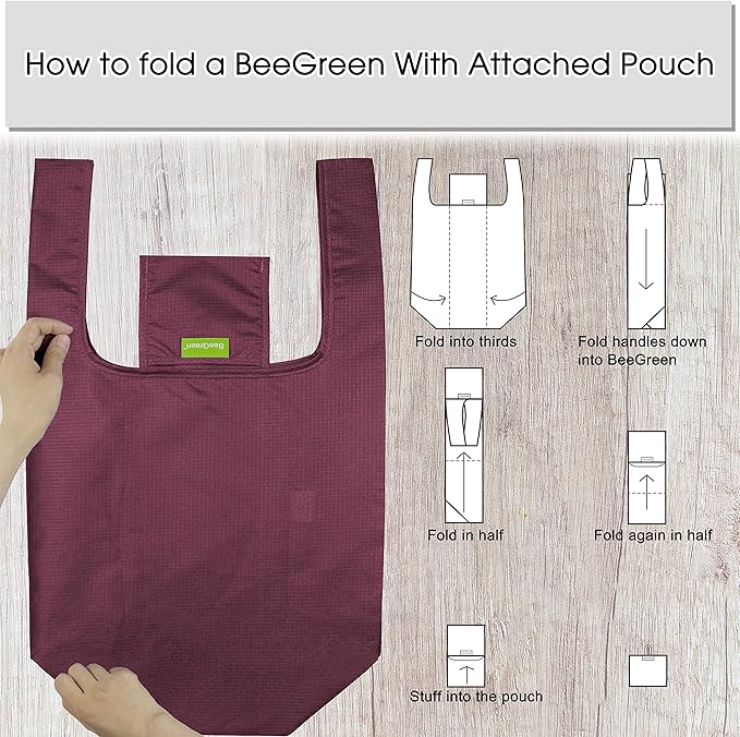 BeeGreen Christmas Green Reusable Grocery Bags with Zipper Storage Pouch 10 Packs Dark Green Reusable Shopping Bags Bulk with Elastic Band Foldable-Machine Washable