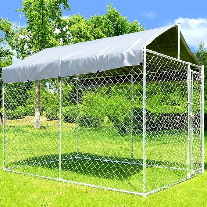 10x6x7.7ft Large Dog Kennel Outdoor, Heavy-Duty Outside Dog Kennel with Roof, Security Latch-Lock Door, Chain-Link Dog Enclosure Dog Run for Yard with Cover