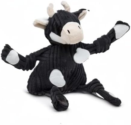 HuggleHounds Knottie Plush Dog Toy - Dog Stuffed Animal Toy, Puppy Toys, Squeaky Dog Toy for Small, Medium & Large Dogs, Durable Plush to Keep Them Busy - Angus Cow, Small