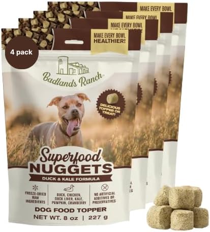 BADLANDS RANCH Superfood Nuggets – Freeze-Dried Raw Dog Treat & Food Topper, Nutrient-Dense Duck & Kale Formula, High Protein, No Artificial Additives, 8oz Bags (4-Pack Bundle)