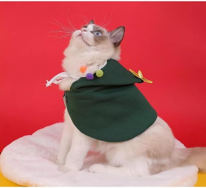 ANIAC Pet Christmas Costume - Puppy Cloak With Star and Pompoms, Cat Santa Cape With Hat, Winter Dog Outfit for Cats and Small Dogs (Small, Green)