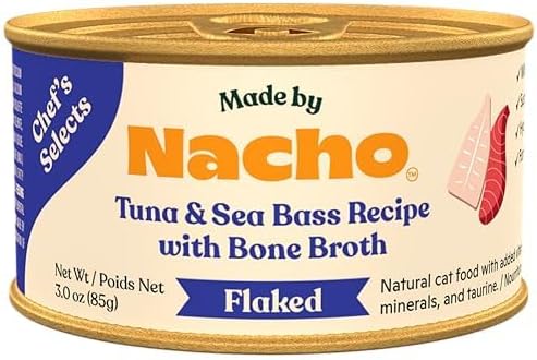 Made by Nacho Flaked Filets Recipe in Bone Broth, Grain-Free Chef's Selects Wet Food for Cats Balanced Diet in Naturally Hydrating Pumpkin-Infused Broth (3.0 oz (Pack of 12), Tuna & Sea Bass)