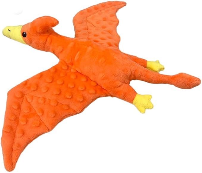 Squeaky Dog Toys Plush Dog Toy with Crinkle Paper Stuffed Durable Dog Chew Toys for Small Middle and Large Dogs Pterodactyl Orange