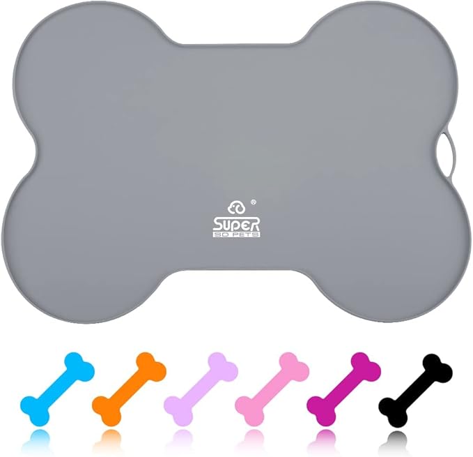 Dog Food Mat Dog Bowl Mat for Food and Water Silicone Non Spill Cat Feeding Mat Puppy Placemat Waterproof - 20.5" x 14.5", Grey
