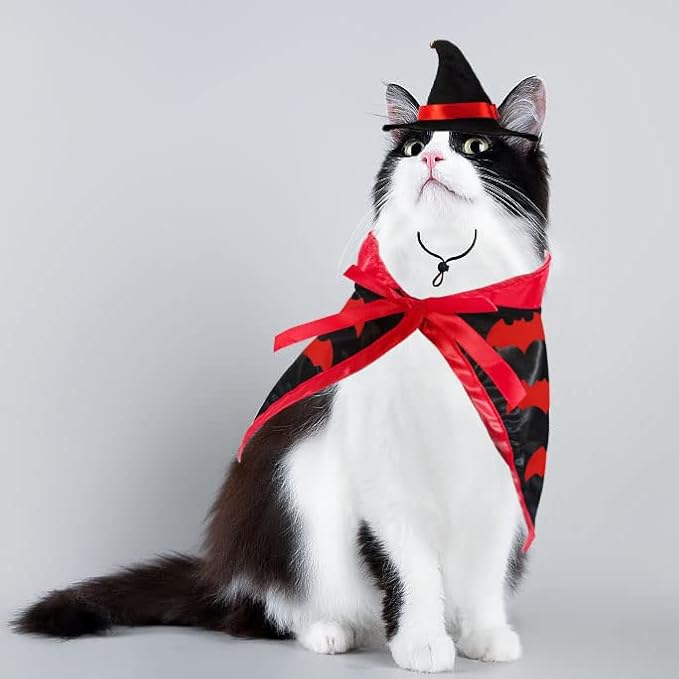 Pet Halloween Costumes Dogs Cats Halloween Vampire Pets Costume Cape with Black Red Witch Hat Wizard Cats Cosplay Clothes Apparel for Small Dogs Cats Halloween Party Decorations