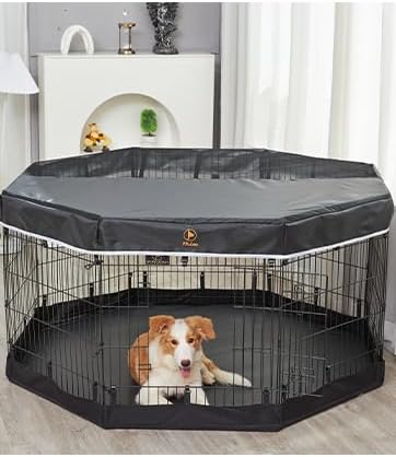 PJYuCien Dog Playpen, 8 Panels 42’’H Dog Pens Indoor with Bottom Pad and Top Cover, Metal Foldable Pet Puppy Exercise Fence Crate Kennel, Better for Medium and Big Animals,Black
