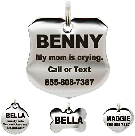 Stainless Steel Pet ID Tags - Engraved Personalized Dog Tags, Cat Tags Front & Back up to 8 Lines of Text – Bone, Round, Heart, Flower, Badge, House, Star, Rectangle, Bow Tie