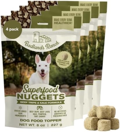 BADLANDS RANCH Superfood Nuggets – Freeze-Dried Raw Dog Treat & Food Topper, Nutrient-Dense Beef Tripe & Kale Formula, High Protein, No Artificial Additives, 8oz Bags (4-Pack Bundle)