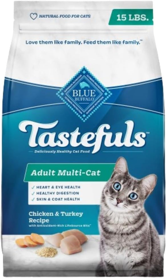 Blue Buffalo Tastefuls Adult Cat Dry Food, Multi-Protein Chicken & Turkey Recipe, 15-lb. Bag