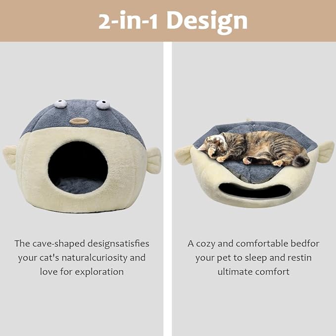 Cat Beds for Indoor Cats - 19.7'' Cute Animal-Shaped Larger Cat Cave Bed,Super Soft Calming cat Tent for Kitten&Puppy,Small Dog,Warm Plush&Machine Washable,Grey Multiple Sizes
