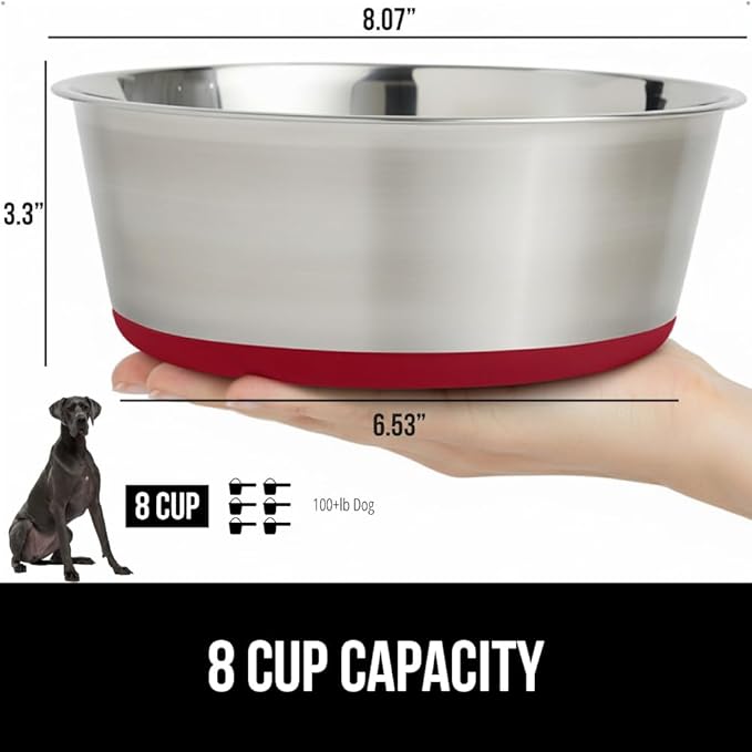 GORILLA GRIP Dog Bowl, Holds 8 Cups (64 fl oz), Heavy Duty Metal Food and Water Bowl for Feeding Dogs and Cats, Easy Clean, Dishwasher Safe, Rust Resistant Stainless Steel, BPA Free Rubber Base, Red