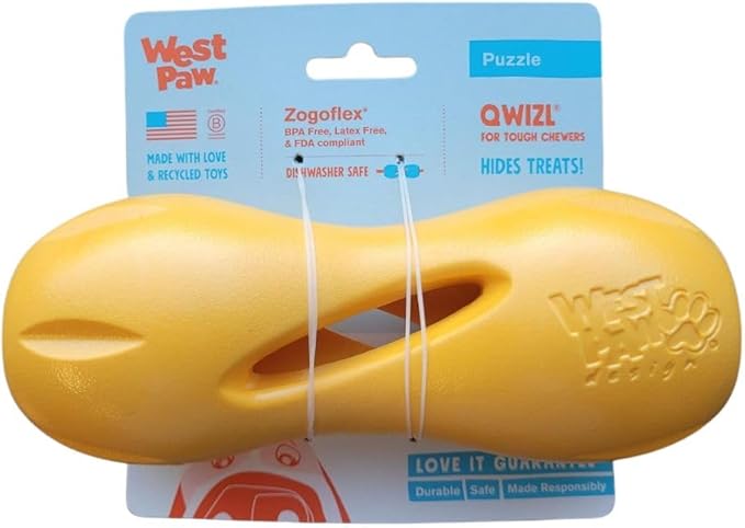 West Paw Qwizl Treat Dispensing Dog Toy for Tough Chewers- Durable Long Lasting Chew and Fetch Toy Keeps Dogs Engaged- Dishwasher Safe Safe Materials Made in USA - Sunflower Yellow, Large