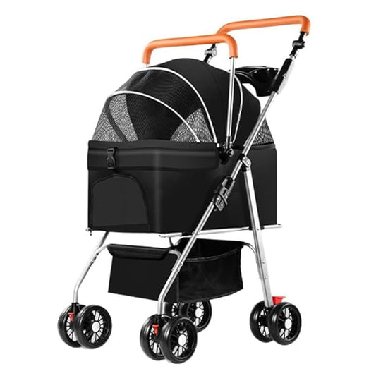 YYW Pet Stroller for Small Dogs & Cats, 3 in 1 Foldable Kittens Puppies Travel Strolling Cart with Removable Carrier, Cup Holder, Storage Basket & Lockable Wheels(Black)