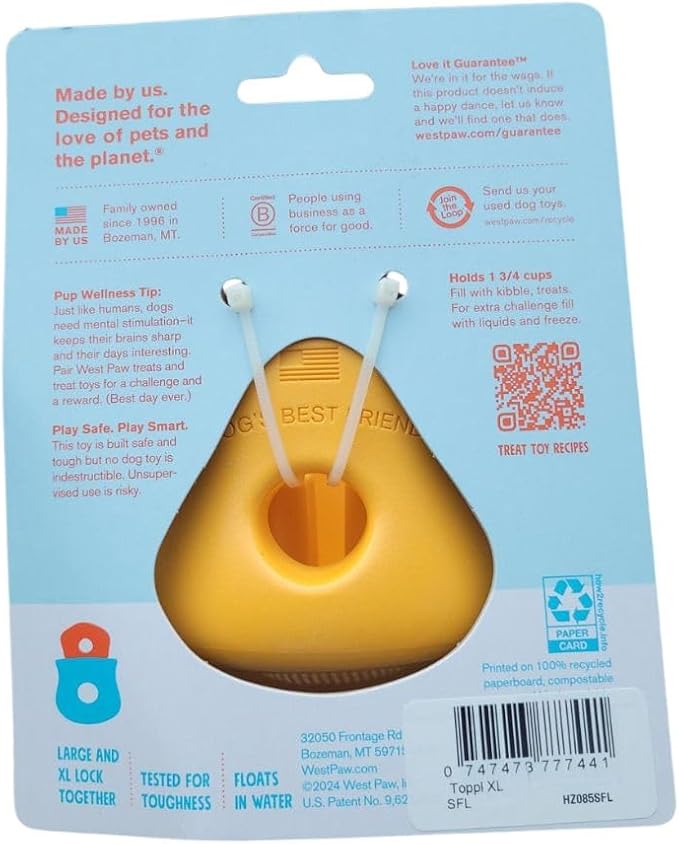 WEST PAW Toppl Durable Dog Treat Puzzle Toy for Large Dogs- Engaging Interactive Chew Toy for Mental Stimulation, Slow Feeding- One and Quarter Cup Capacity - Sunflower Yellow, XL
