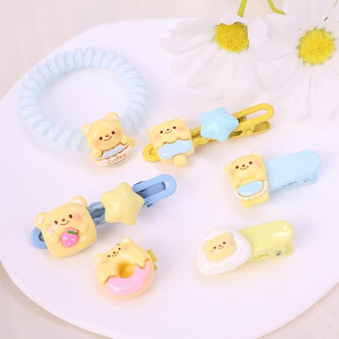Hair Clips for Women, Acrylic Resin Hair Accessories set with Hairbands Colored Hair Ties, Flower, Rainbow, Little Bear Clips Cute pattern for Birthday Prom Cosplay Party (yellow Little Bear Doughnut)