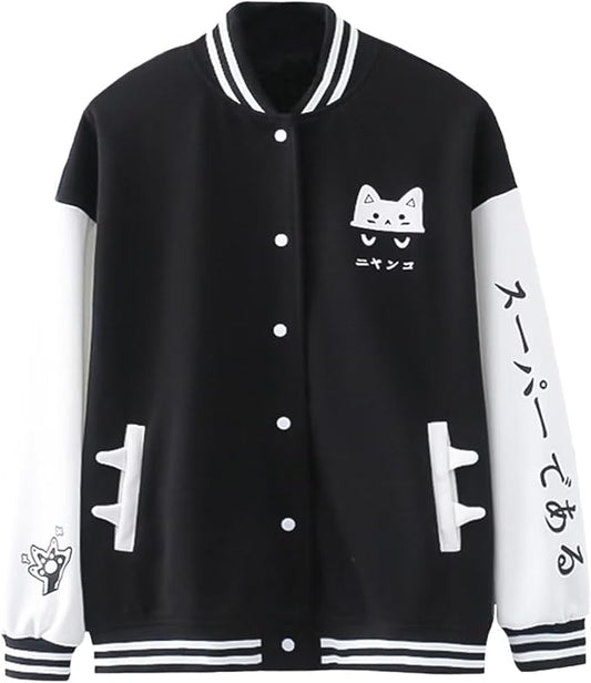 Cute Cat Baseball Jacket Hoodie Long Sleeve Casual Sweatshirt Oversized Kawaii Print Pullover Aesthetic Coat for Girl