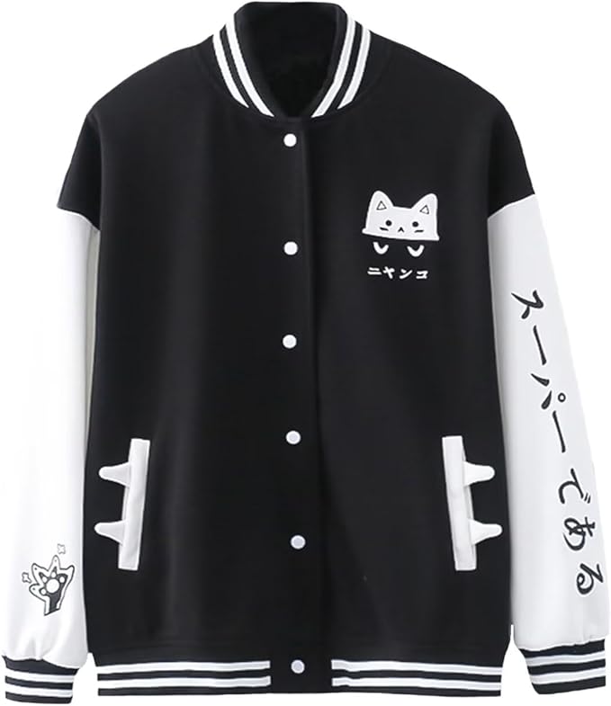 Cute Cat Baseball Jacket Hoodie Long Sleeve Casual Sweatshirt Oversized Kawaii Print Pullover Aesthetic Coat for Girl