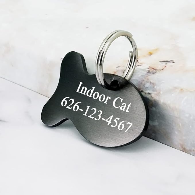 Ultra Joys Cat ID Tag Personalized Pet Tags, Durable Stainless Steel Small Pet Mini Dog Cat Tag Lightweight - Fish Tag in Black