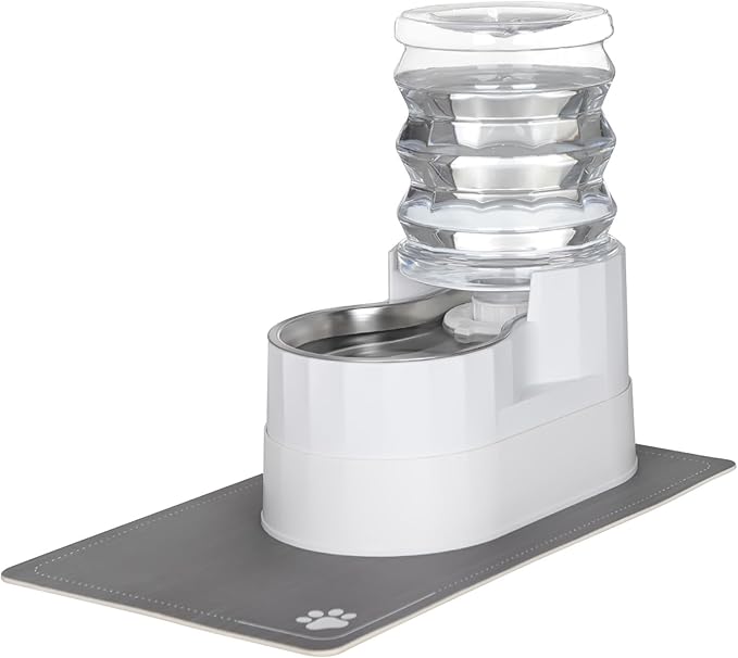 RIZZARI Automatic Pet Water Dispenser: 5L White Cats and Dogs Gravity Feeder - Stainless Steel Bowl - Outdoor Hiking Use.