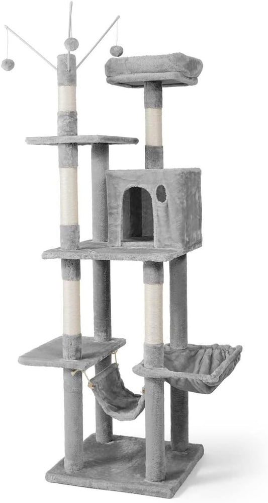 CAPHAUS 70-Inch Multi-Level Tall Cat Tree with Cute Top Perch, Scratching Posts, Cat Activity Tree w/Modern Hammock, Cat Cave Condo for Large Cats Kittens Tall Cat Climbing Play Tower