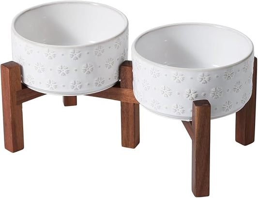 SPUNKYJUNKY Ceramic Dog Bowls with Acacia Wood Stand Raised Food and Water Bowl for Small Medium Sized Dog (Deep, 15.5cm)