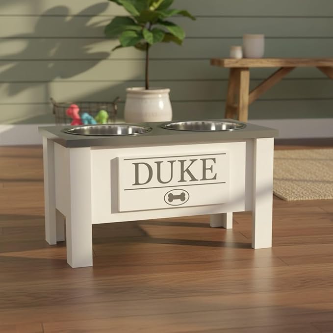 GrooveThis Woodshop - Personalized Elevated Dog Bowl Stand for Large, Medium, Small, X-Small Dogs - Stainless Steel Food and Water Bowls - Raised Dog Dish with Internal Storage (Large, Grey)