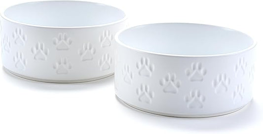 SPUNKYJUNKY Ceramic Dog and Cat Bowls 2 Pack, 6.1'' Dog and Cat Food Water Double Feeding Bowls Non-Slip for Large Sized Breed Microwave Dishwasher Safe - 28.7 OZ, 2pcs, Paw White