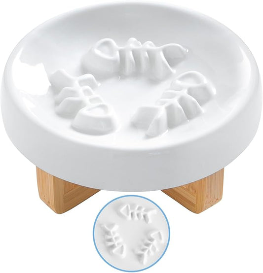 Ceramic Cat Dog Feeder, Slow Feed Bowl with Stand, 2.5'' High, 5.2'' Wide, Whisker Friendly, Easy to Clean, for Cats and Small Dogs